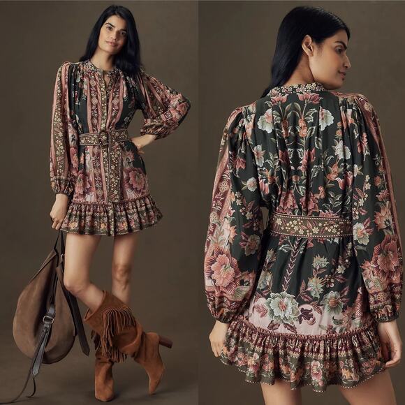 NWT Anthropologie Farm Rio Flowering Garden Tree Belted Puff Sleeve Mini Dress L - Picture 2 of 16
